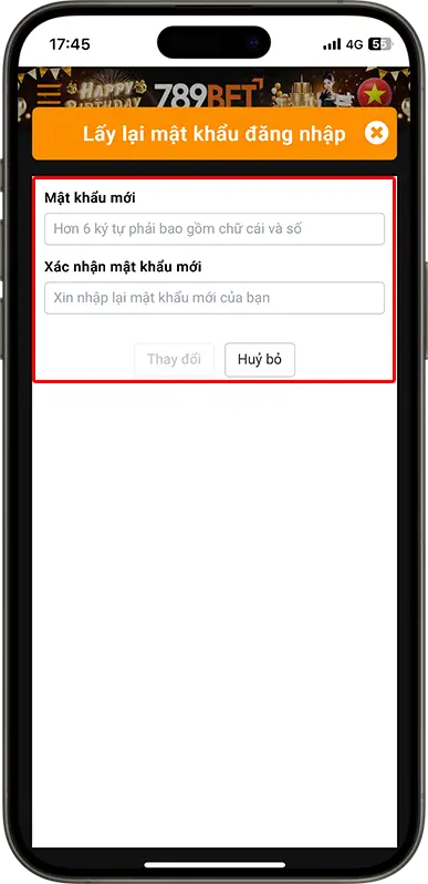 Bước 4: Nhập mật khẩu mới và xác nhận lại mật khẩu. Chọn "thay đổi" để hoàn thành